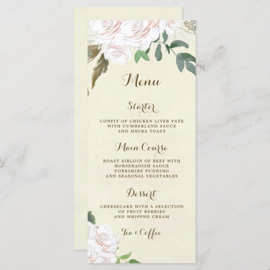 Ivoorkleurige bloemen elegante bruiloft menu kaart (Voorkant / Achterkant)