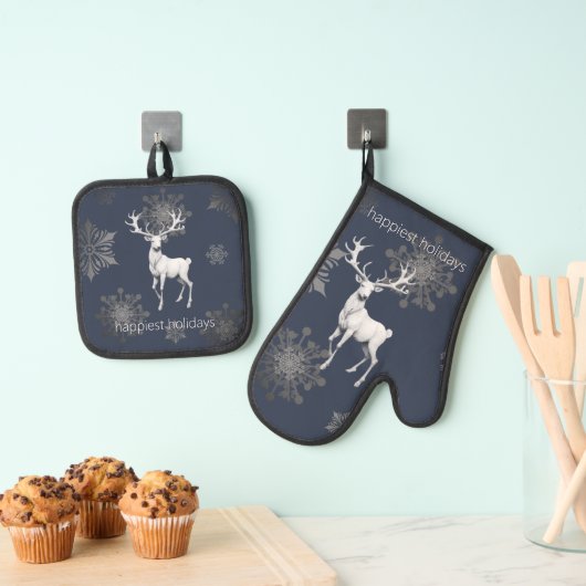 Ivoorrendier Kerstmis | Blauw Ovenwant & Pannenlap Set (Insitu(Ophanging))