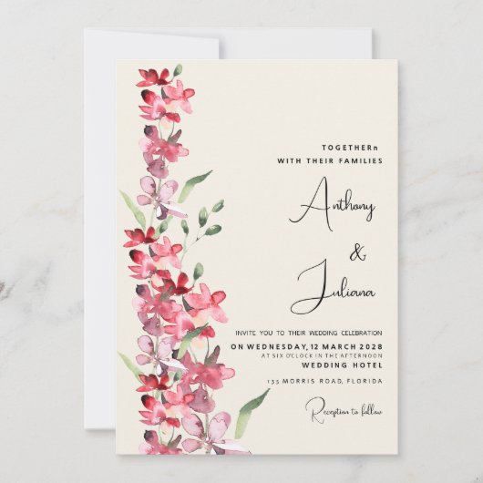 Ivoorroze bordeauxrood mint groen bloemenbruiloft kaart (Voorkant)