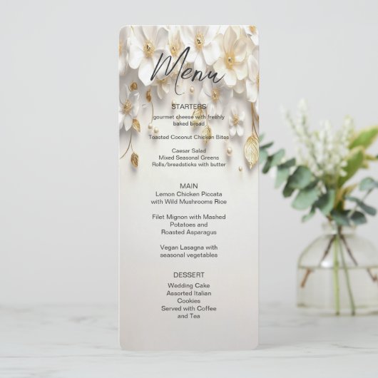 Ivoorwit Bloemen Gouden Bladeren Menu (Staand voorkant)