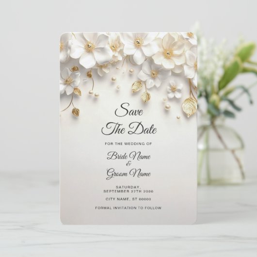 Ivoorwit Bloemen Gouden Bladeren Save the Date (Staand voorkant)
