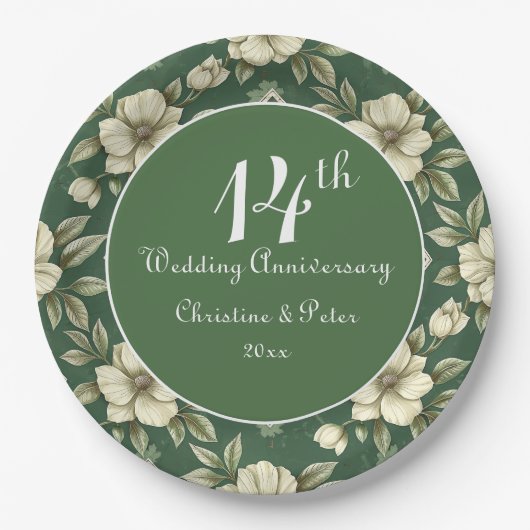 Ivoren bloemen en smaragdgroene bruiloft Jubileum Papieren Bordje (Voorkant)