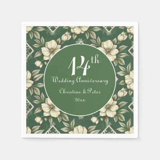 Ivoren bloemen en smaragdgroene bruiloft Jubileum Servet (Voorkant)