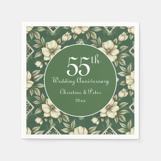 Ivoren bloemen en smaragdgroene bruiloft Jubileum Servet (Voorkant)