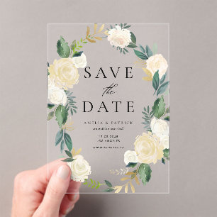 Ivoren Bloemen Krans met Faux Folie Save the Date Acryl Uitnodigingen