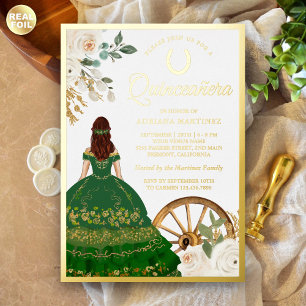 Ivoren Bloemengroene Jurk Charro Quinceanera Goud Folie Uitnodiging