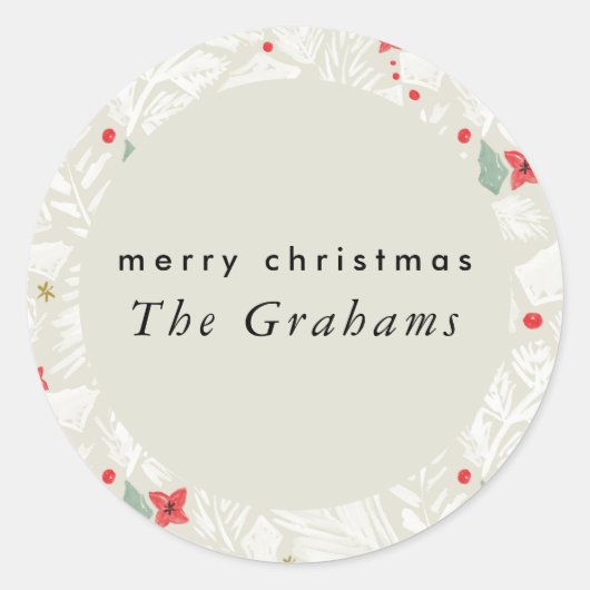 Ivoren Festive Botanische Kerst Ronde Sticker (Voorkant)