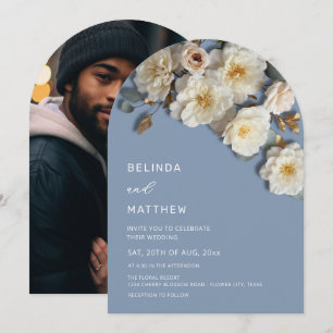 Ivoren Rozen 3D Bloemen Stofblauw Boog Trouwuitnod Kaart