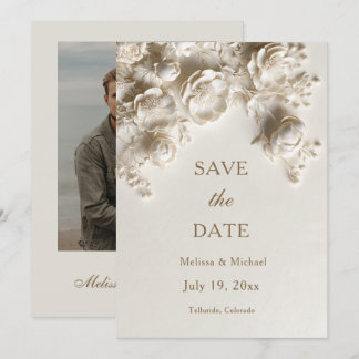 Ivoren sculpturale bloemen bruiloft save the date