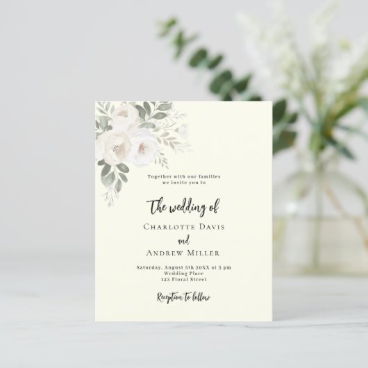 Ivoren witte bloemen huwelijksuitnodiging (Staand voorkant)