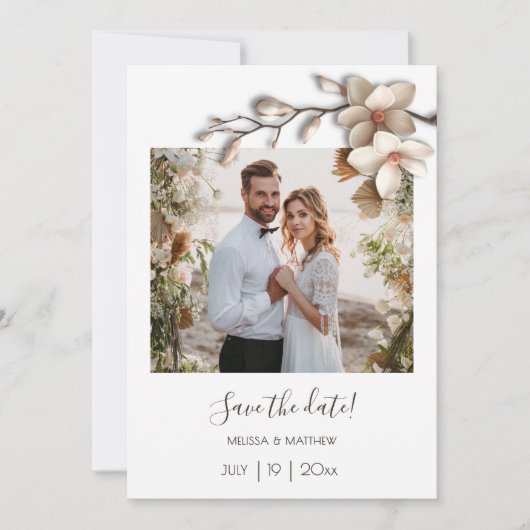 Ivory 3D Magnolia Flower Save The Date (Voorkant)