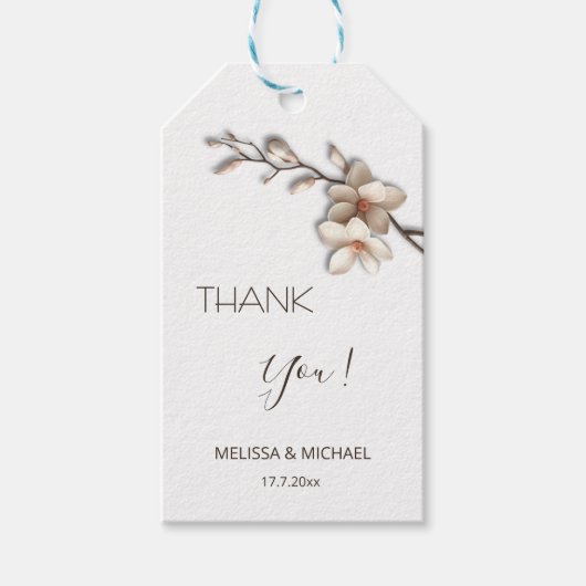 Ivory 3D Mangolia Wedding Thank You Cadeaulabel (Voorkant)