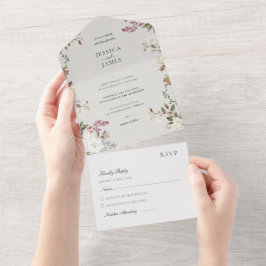Ivory and Beige Vintage Floral Elegant Wedding All In One Uitnodiging