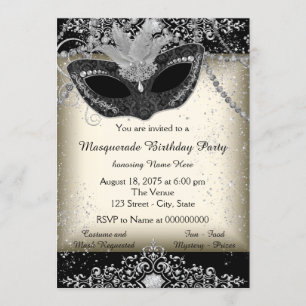 Ivory and Black Pearl Glitter Masquerade Party Kaart
