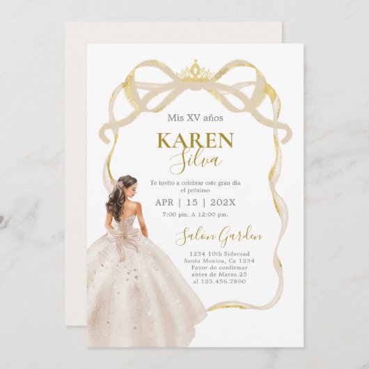 Ivory and Gold Quinceanera Invitation (Devant / Derrière)
