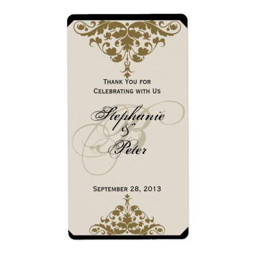 Ivory Black en Gold Damask Weddenlabel Etiket (Voorkant)