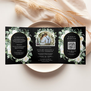 Ivory Bloem Foto Zwarte QR Code Trouwen Drieluik Uitnodiging
