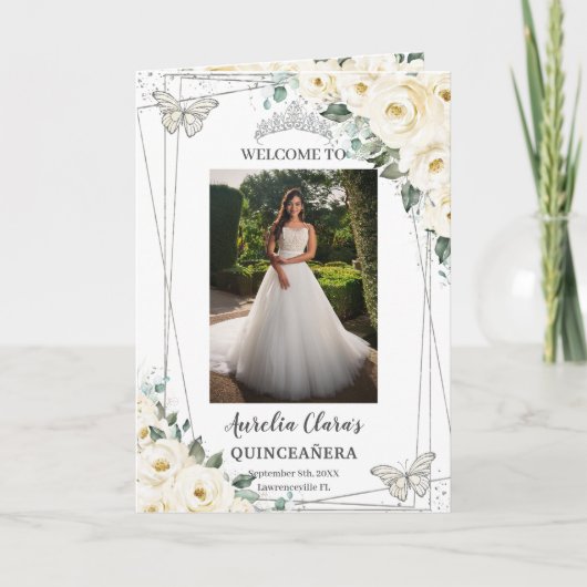 Ivory Bloemen Zilver Quinceañera Orde van het Even Programma (Voorkant)
