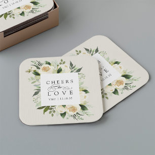 Ivory Bloom Floral Lijst "Cheers to Love" Weddensc Vierkante Kartonnen Onderzetter