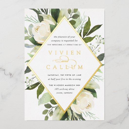 Ivory Bloom | Geometrische bloemrijke kaderhuwelij Folie Uitnodiging (Voorkant)