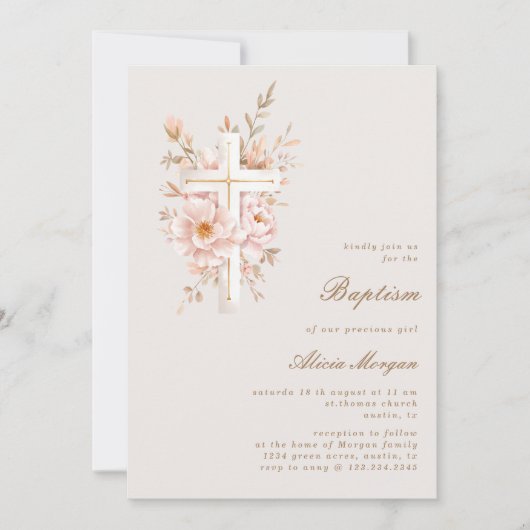 Ivory Blush Floral Cross Baptism Invitation (Devant)