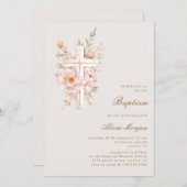Ivory Blush Floral Cross Baptism Invitation (Devant / Derrière)
