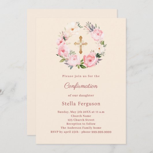 Ivory blush florals cross Confirmation Kaart (Voorkant / Achterkant)