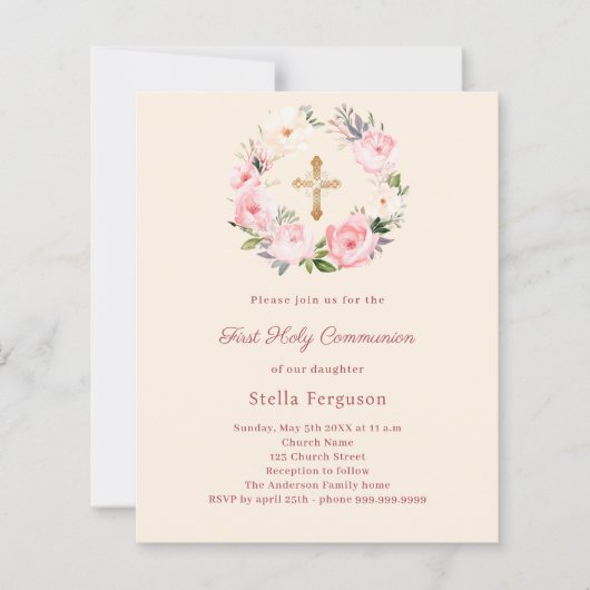 Ivory blush florals First Communion invitation (Voorkant)