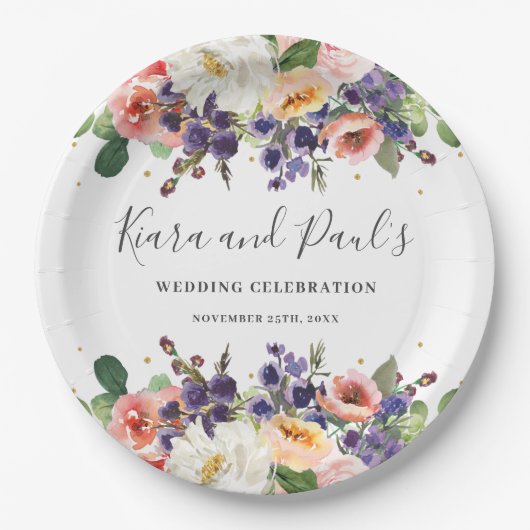 Ivory Blush Paarse Peach Floral Greenery Wedding Papieren Bordje (Voorkant)