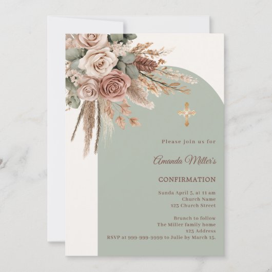 Ivory blush roses sage green arch Confirmation Kaart (Voorkant)