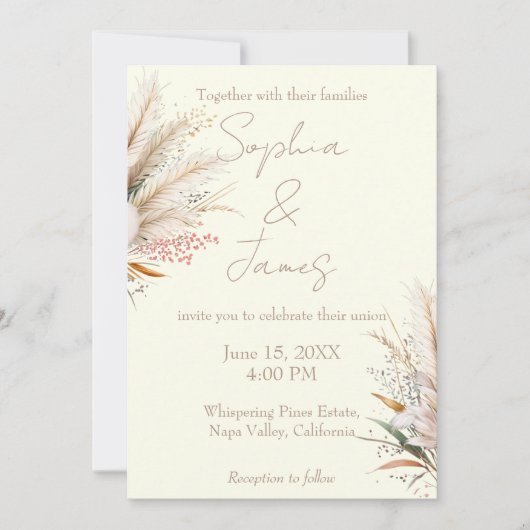 Ivory Boho Pampas Grass Wedding Kaart (Voorkant)