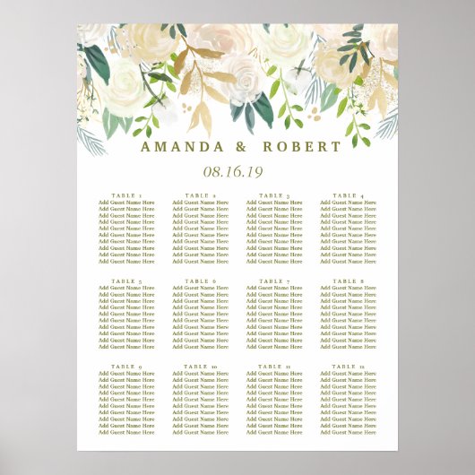 Ivory Bouquet Floral Wedding Seating Chart Poster (Voorkant)