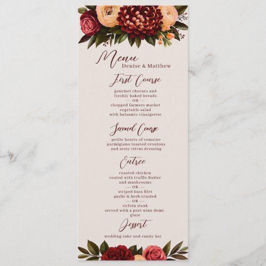Ivory & Bourgogne Chrysanthemum Menu Mariage (Devant)