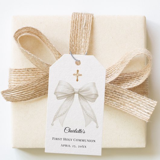 Ivory bow pearls First Holy Communion DIY Cadeaulabel