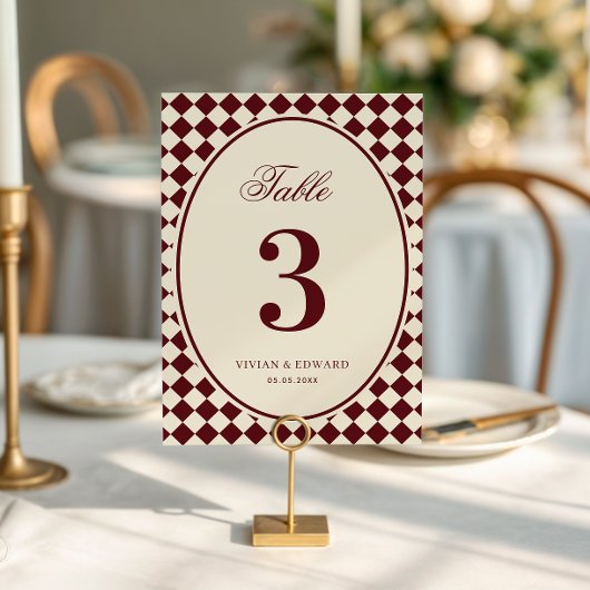 Ivory & Burgundy Checkered Wedding Table Number Kaart