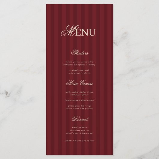 Ivory & Burgundy Elegant Stripes Retro Wedding Menu (Voorkant)