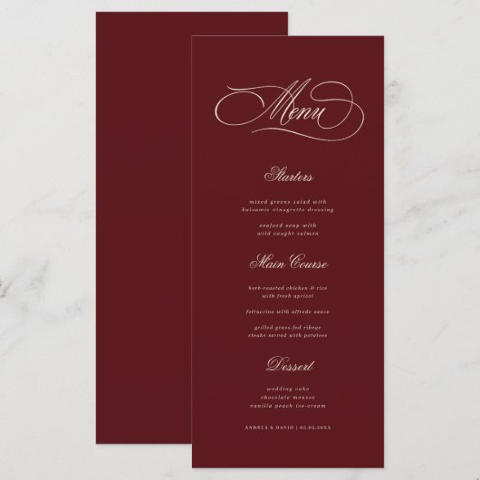 Ivory & Burgundy Old Money Aesthetic Retro Wedding Menu (Voorkant / Achterkant)