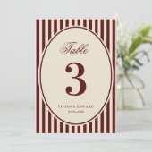Ivory Burgundy Stripes Retro Wedding Table Number Kaart (Staand voorkant)