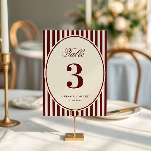 Ivory Burgundy Stripes Retro Wedding Table Number Kaart