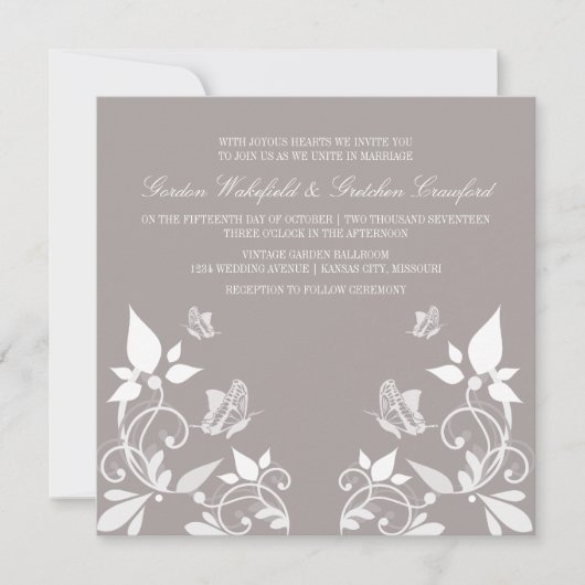 Ivory Butterfly Floral Wedding Invite Kaart (Voorkant)