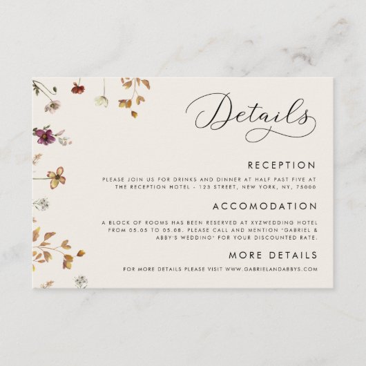 Ivory Cream Boho Herfst Wildbloemen Bruiloft Detai Informatiekaartje (Voorkant)