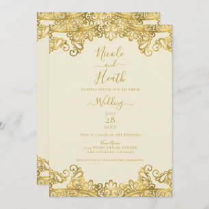 Ivory Cream & Gold Lace Elegant Wedding Kaart