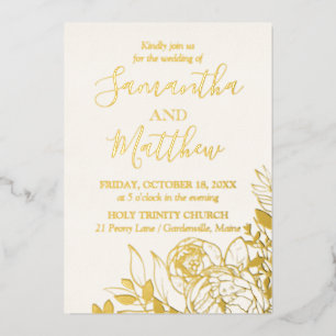 Ivory Cream & Gold Peony Modern Floral Wedding Folie Uitnodiging