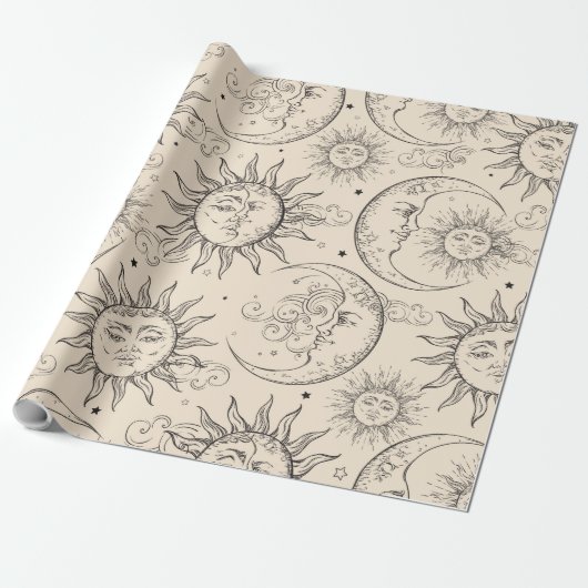 Ivory Cream Magic Celestial Sun Moon Stars Cadeaupapier (Uitgerold)