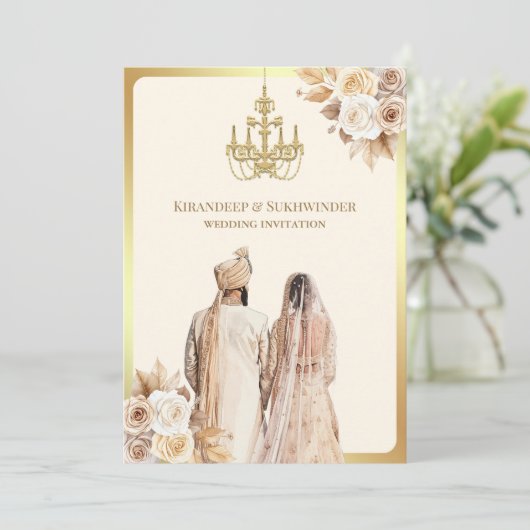 Ivory Cream Rozen Bloemen Anand Karaj Sikh Bruilof Kaart (Staand voorkant)