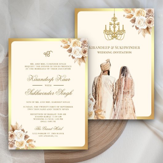 Ivory Cream Rozen Bloemen Anand Karaj Sikh Bruilof Kaart