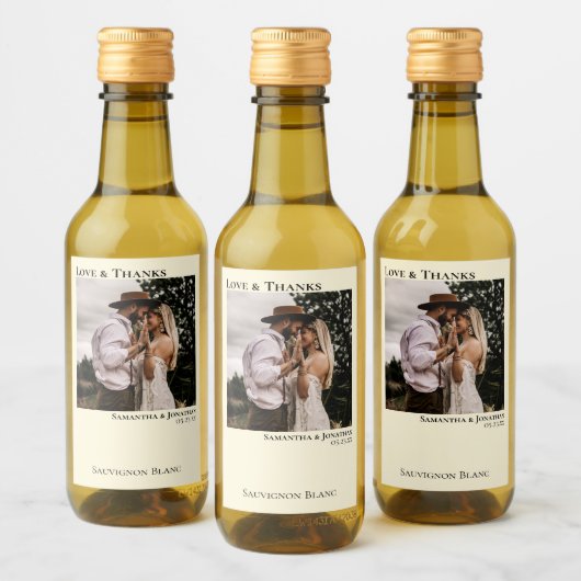 Ivory Cream Trouwfoto Liefde & Bedankt Mini Wijn Etiket (Flessen)