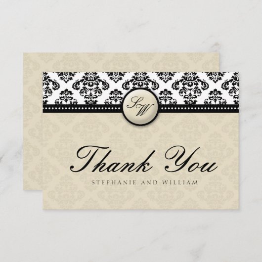 Ivory Damask Monogram Weddenschap Hartelijk dank Bedankkaart (Voorkant / Achterkant)