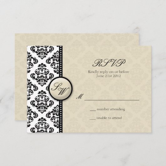 Ivory Damask Monogramme Mariage RSVP (Devant / Derrière)