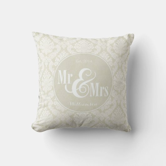 Ivory Damask "Mr & Mrs" kussen, gepersonaliseerd Kussen (Voorkant)